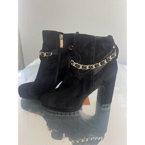 Karl Lagerfeld Lark Platform Bootie Black Suede Gold Chain Size 8.5